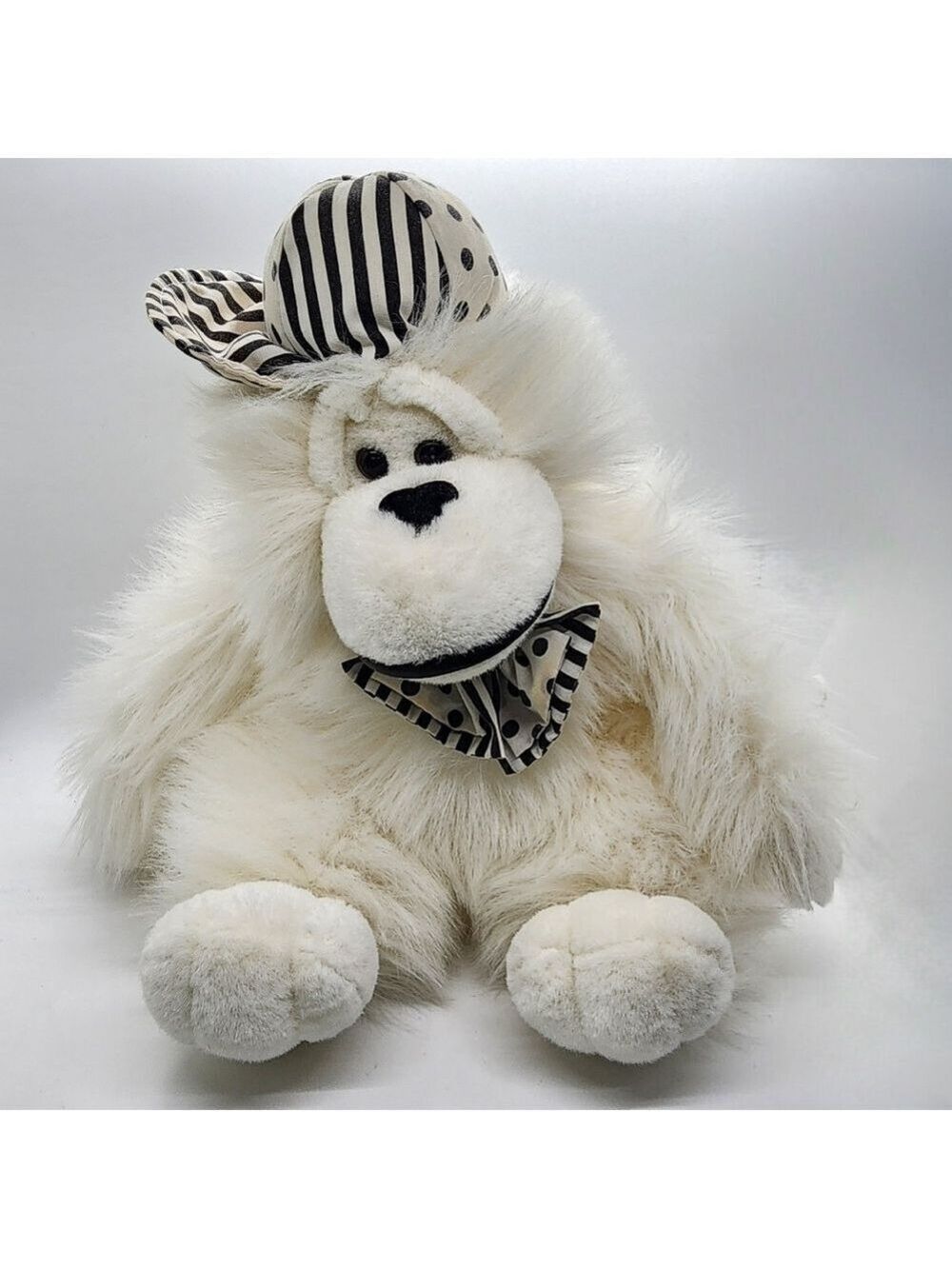 Rare find VTG White fluffy Monkey Black White hat bow tie plush stuffed animal